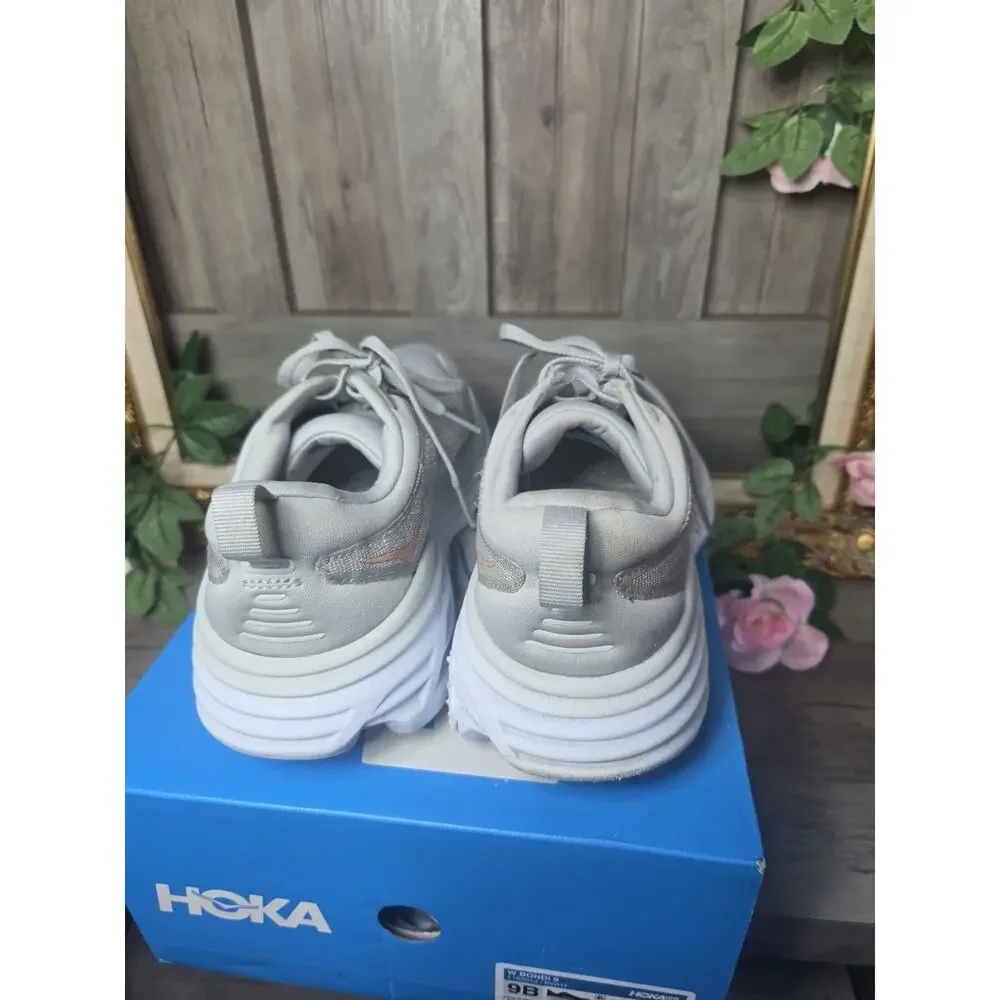 HOKA Bondi 8 Womens Size 9B Gray Pink Running Walking Shoes Sneakers 1127952